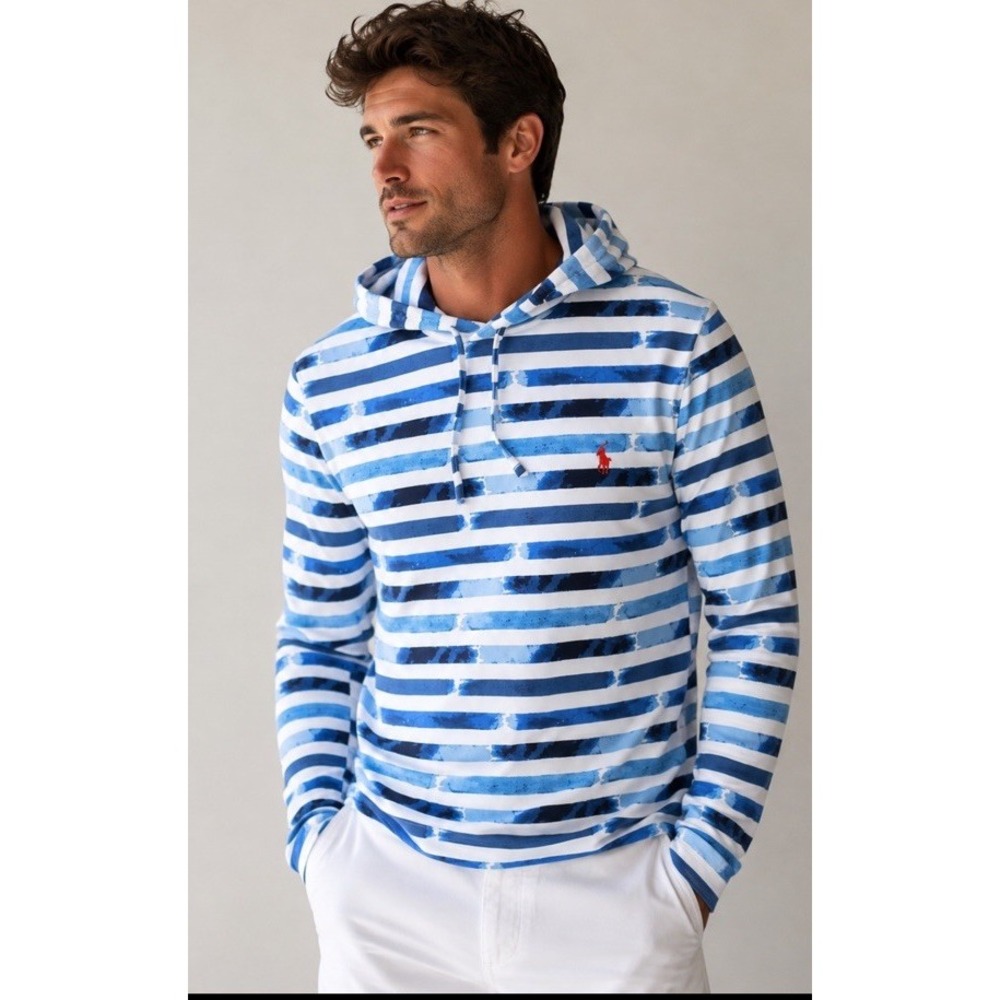 Polo Ralph Lauren Striped Jersey Hooded T-Shirt Water Color Large Logo MINT